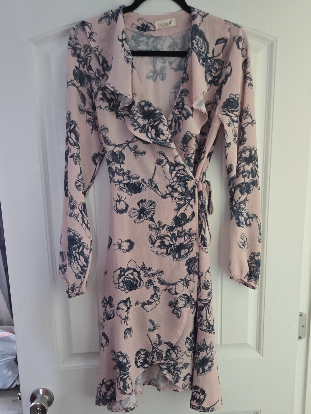 Ruffle-Trim Wrap Dress in Blush Pink with Navy Floral